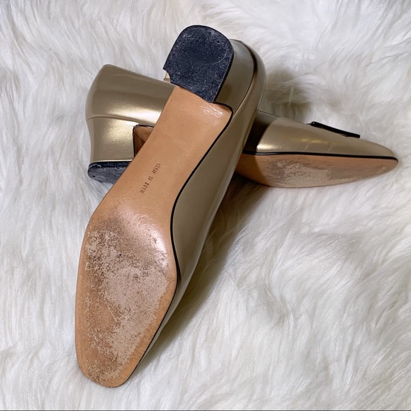 Ferragamo Large Logo Gold Leather Block Kitten Heel Shoes - Picture 6 of 6